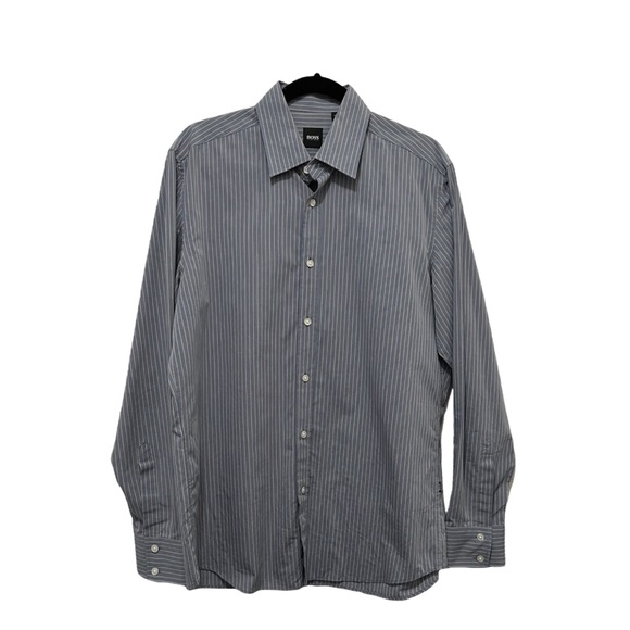 BOSS HUGO BOSS Button Down Long Sleeve Gray Striped Shirt Mens Size L - Picture 1 of 11